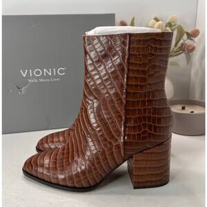 Vionic Harper Croc Leather Boot Arch Support Brown Women’s 9 NWB Comfort Shoe